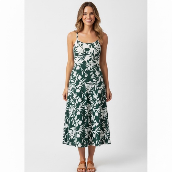 Pact Tropical Palms Organic Cotton Fit & Flare Midi Dress Eco Vacation XS - Picture 2 of 16